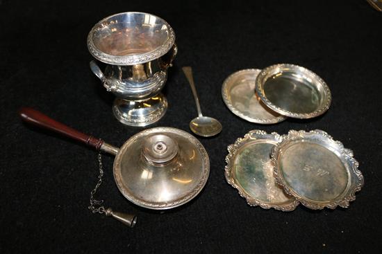 Small silver: a burner and 2 stands, 2 coasters and a campana urn and a spoon